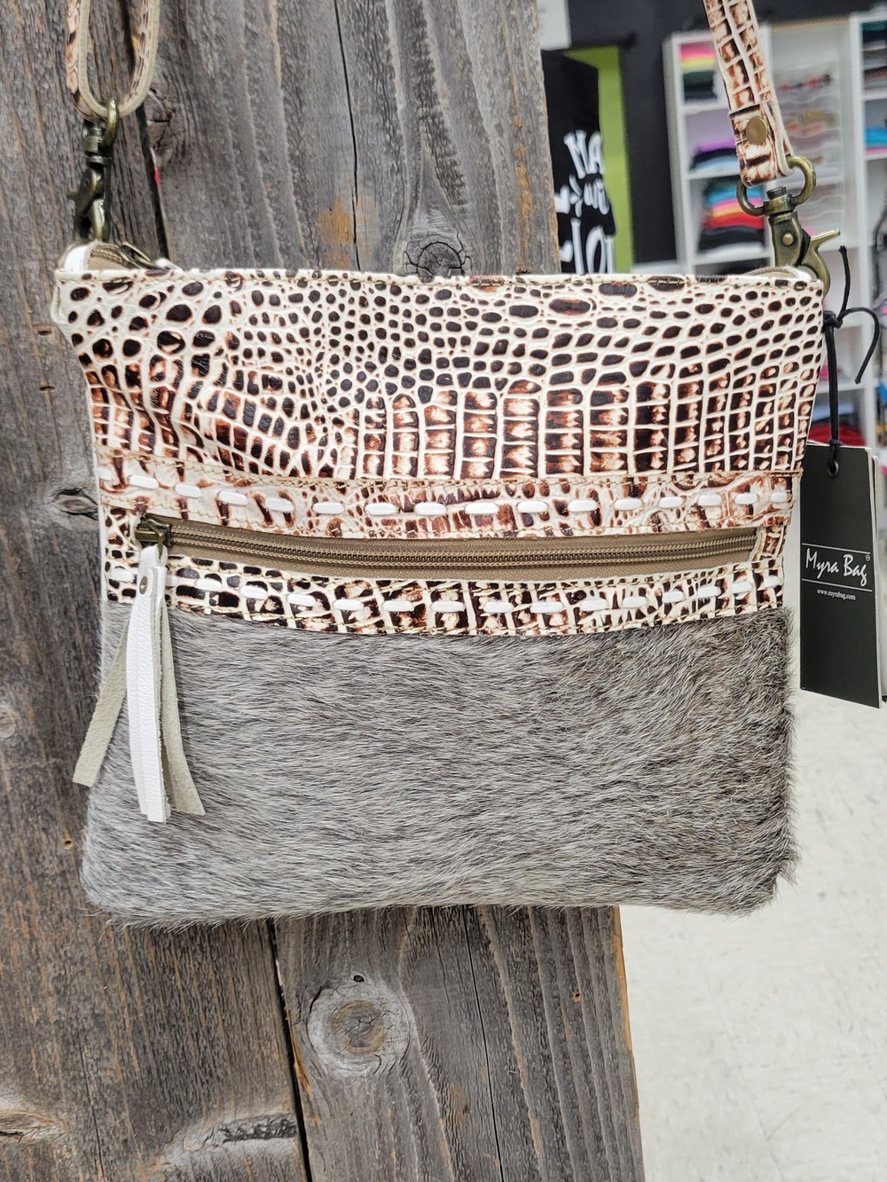 Myra Bag Croc-Embossed Cream & Gray Haircalf Crossbody